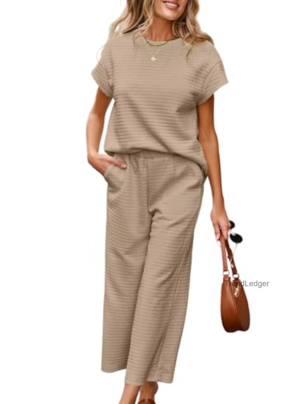 Womens Two Piece Lounge Set Sweatsuit Wide Leg Joggers with Pockets Waffle Knit